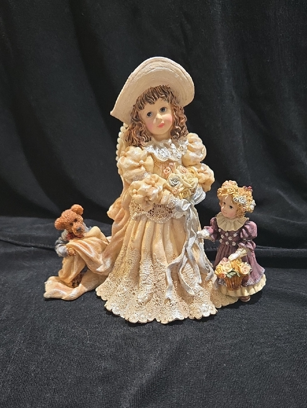 Porcelain Victorian Girl Figurine with Teddy and Flower Basket - Cream & Purple
